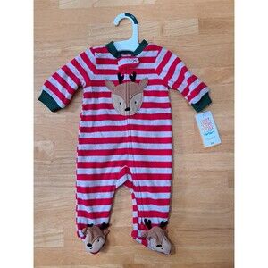 Carter's Striped Christmas Reindeer Fleece PJ's Sleeper Outfit Size 3 Months NWT